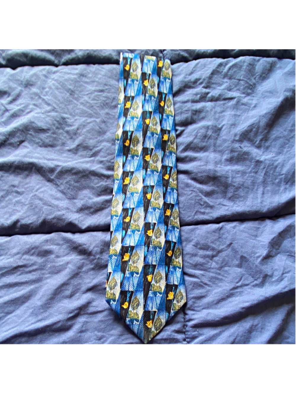 Ermenegildo Zegna 100% Silk Woven Tie Blue Black Yellow Green Geometric